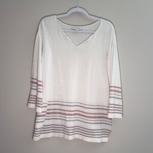 Madison Grey White Striped V-Neck Cotton Knit Sweater 3/4 Sleeve Size M Loose